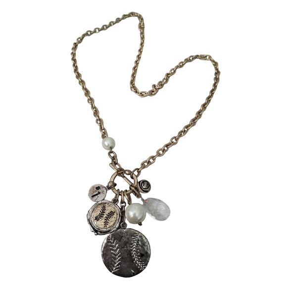 Long Toggle Baseball Charm Necklace Pearl Gold Silver Tone Mom Fun - Picture 1 of 6